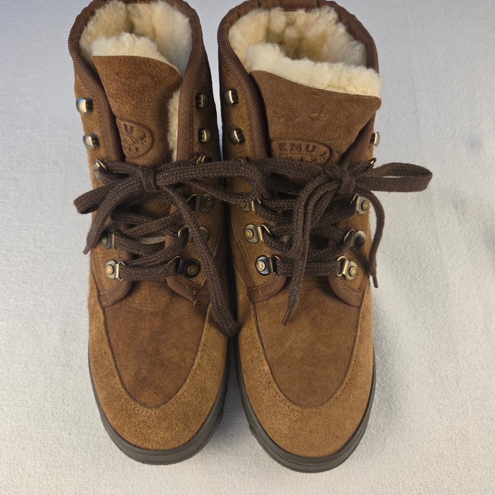 EMU Ridge Brown Suede Sheepskin Lined Lace Up Ankle Hiking Boots Womens 8L 7M